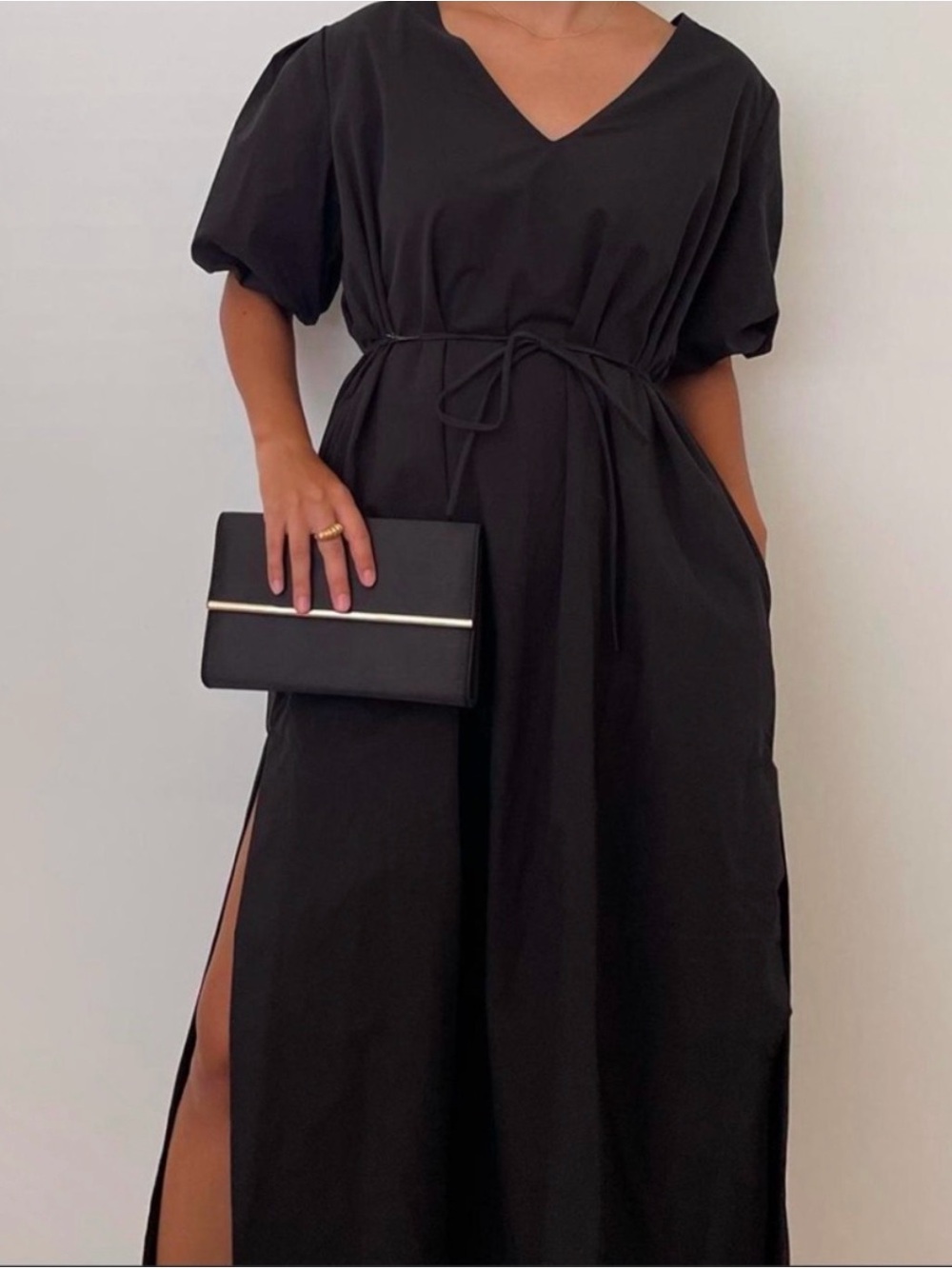 DISSH Black V-Neck Puff-Sleeve Maxi Dress with Tie Waist - Picture 6 of 9